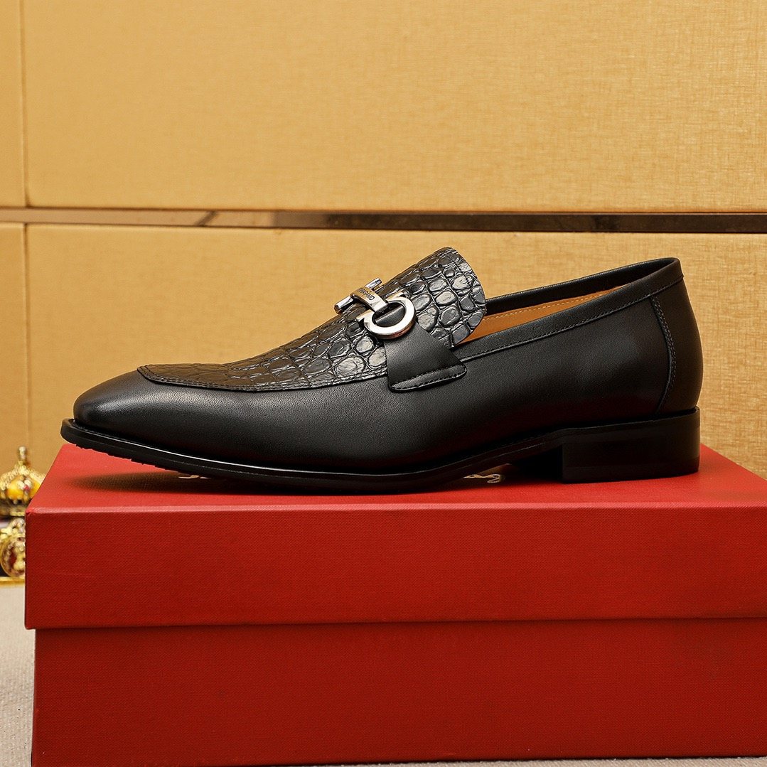 Ferragamo Black Embossed Leather Buckle Loafers — side
