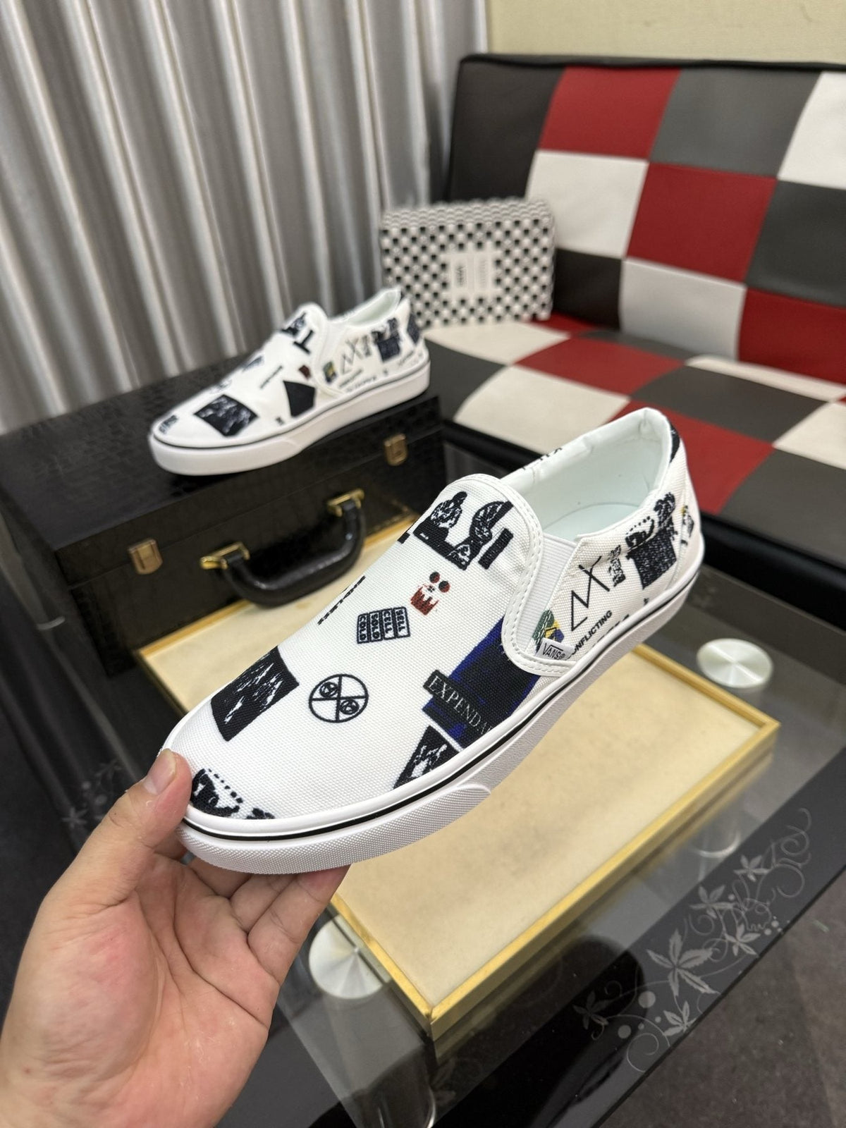 White Graphic Print Slip-On Shoes — front