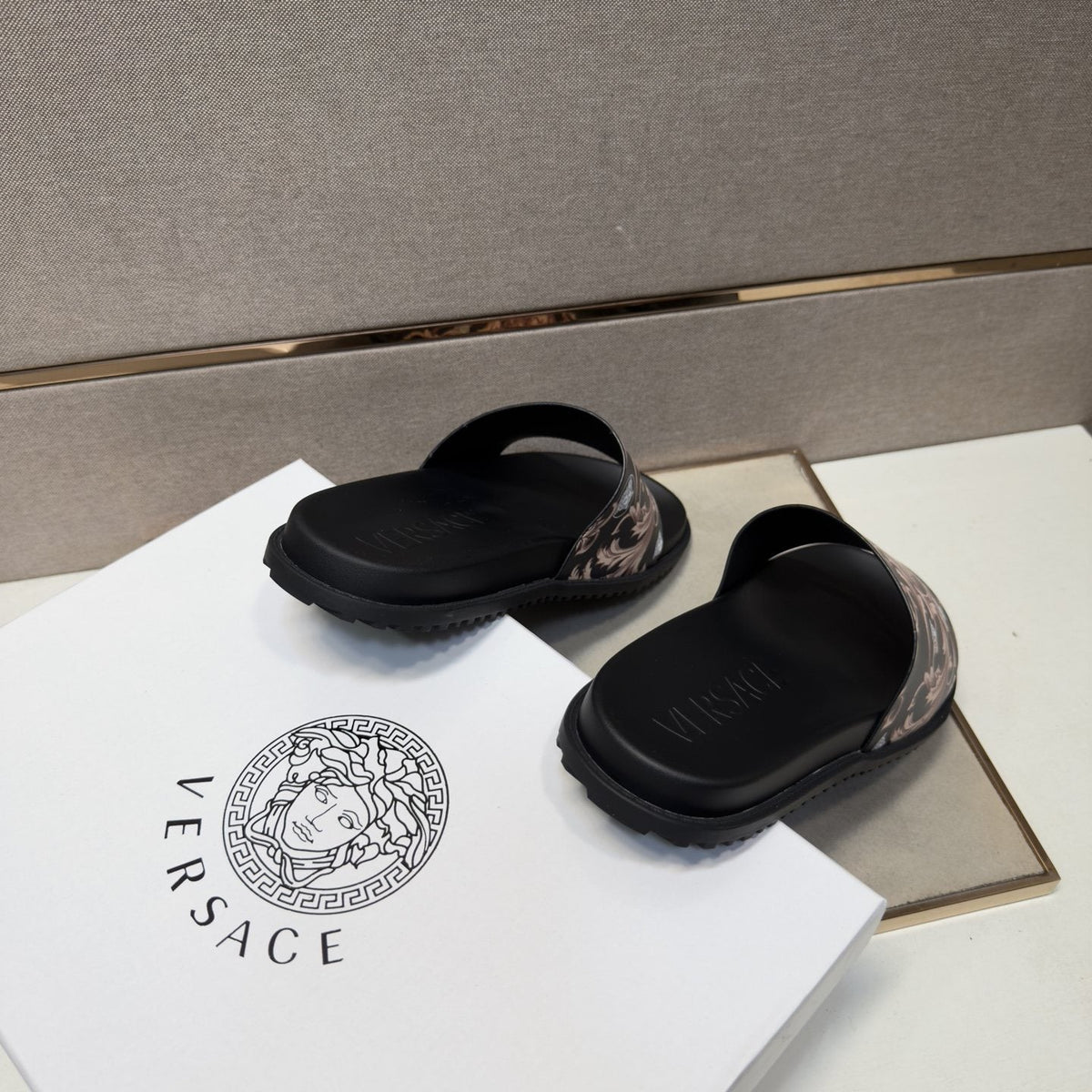 Versace Black Ornamental Strap Slide Sandals — front