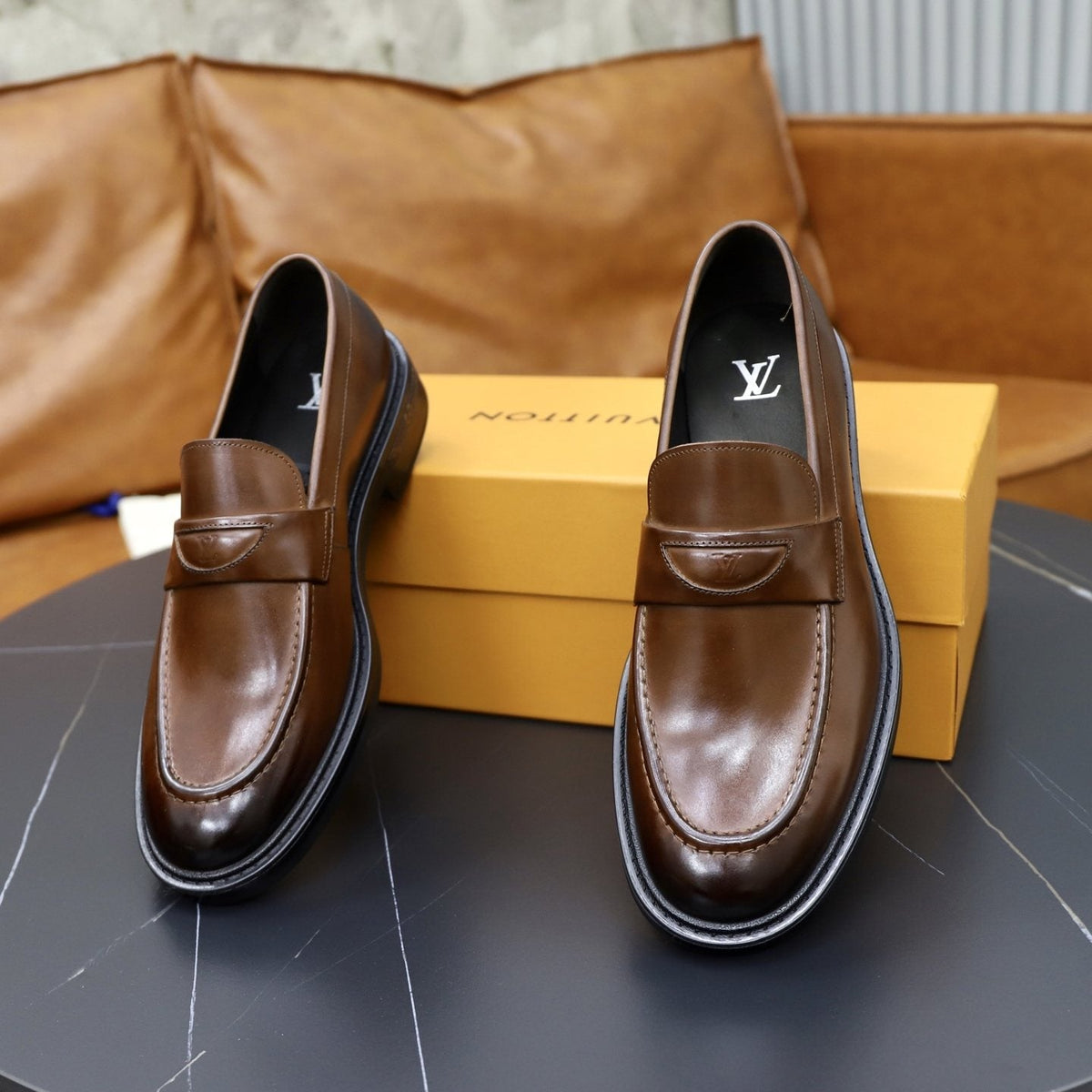 Louis Vuitton Brown Penny Loafers — front