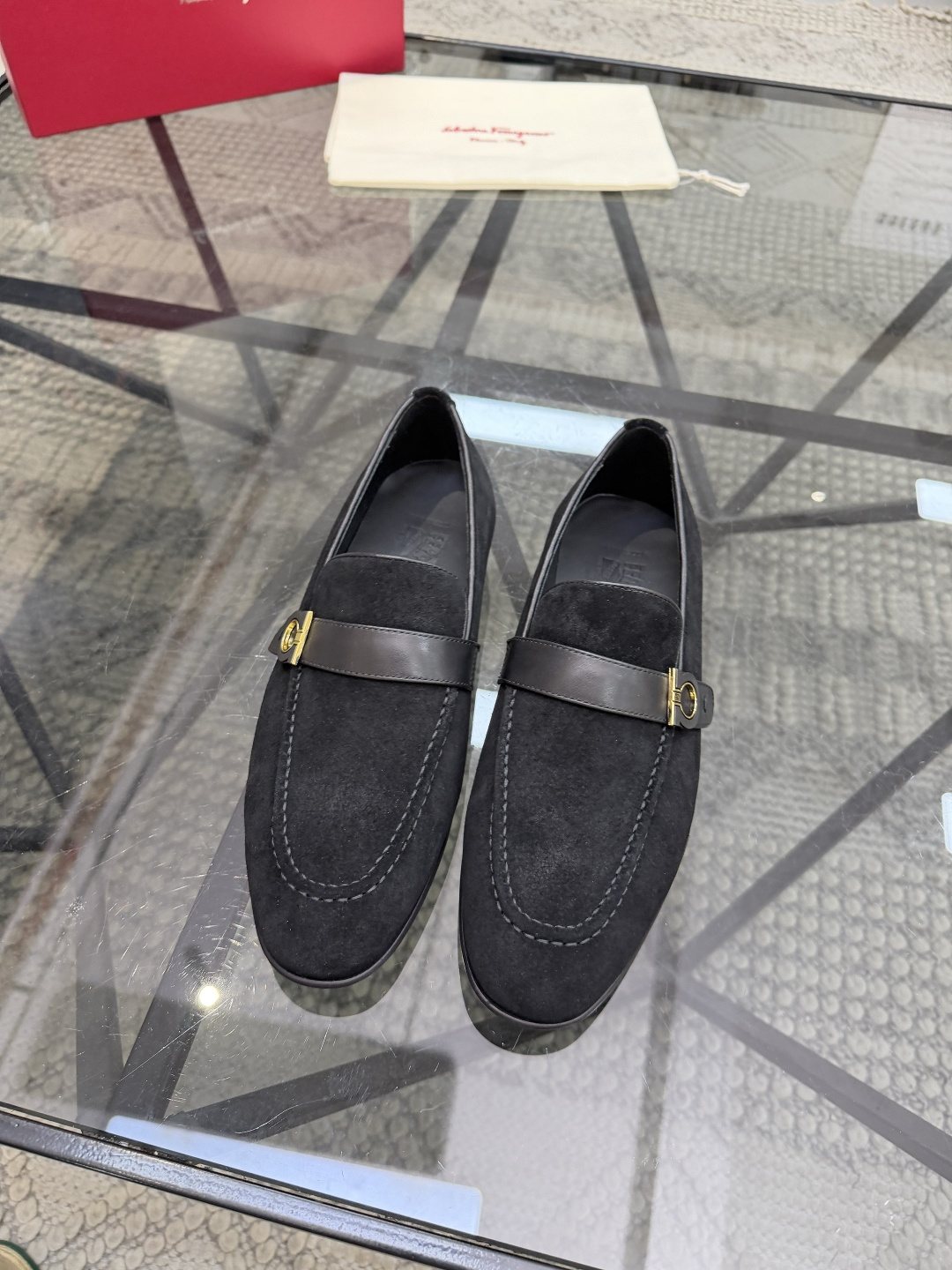 Gold-Hardware Suede Slip-On Loafers — hero
