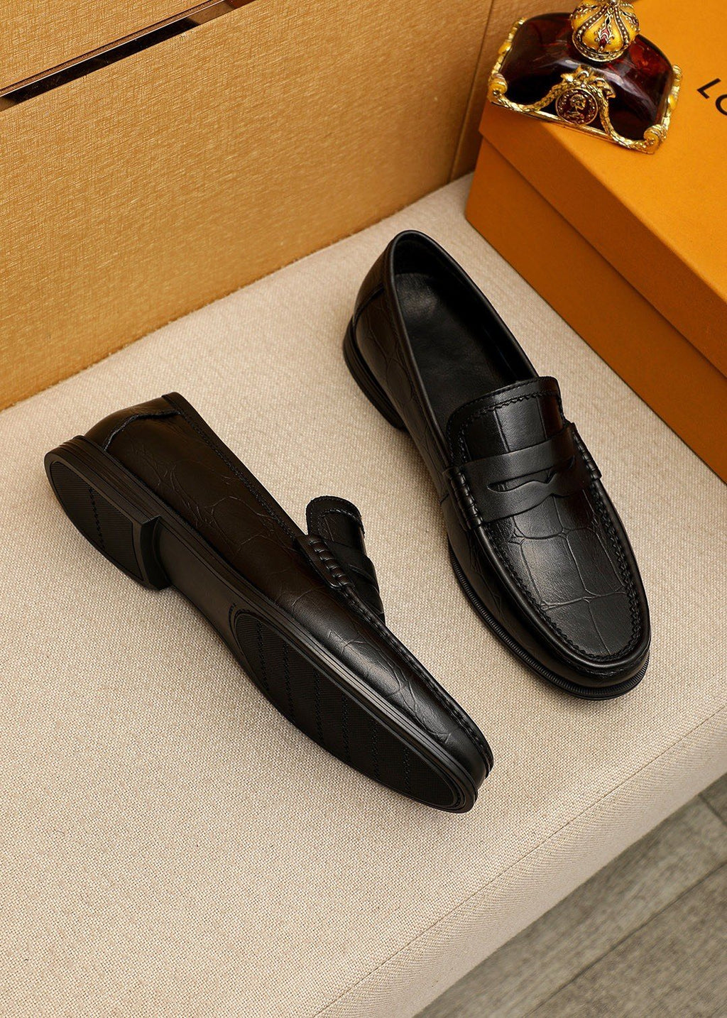 Louis Vuitton Black Textured Slip-On Loafers — front