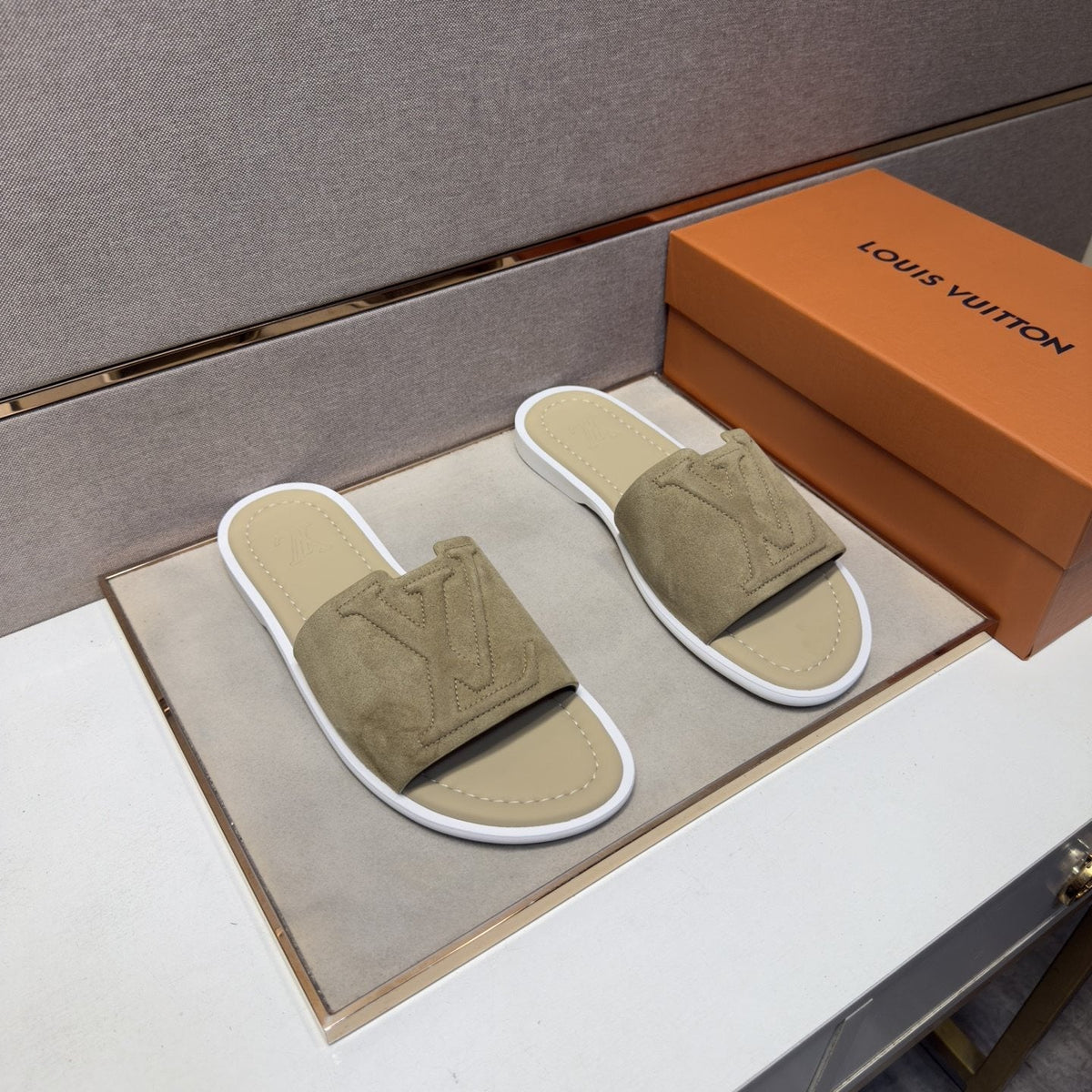 Louis Vuitton Khaki Monogram Slide Sandals — hero